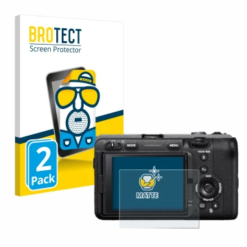 Front side of a product packaging with the brand logo BROTECT. Next to it is the device Sony Alpha FX30 Cinema Line shown with