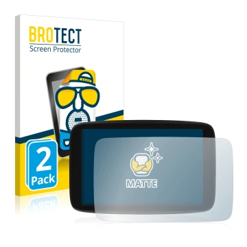 Front side of a product packaging with the brand logo BROTECT. Next to it is the device TomTom GO Camper Max shown with the co