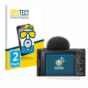 Front side of a product packaging with the brand logo BROTECT. Next to it is the device Sony ZV-1F shown with the correspondin