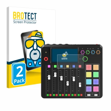 Front side of a product packaging with the brand logo BROTECT. Next to it is the device Rode Rodecaster Pro II shown with the 