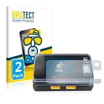 Front side of a product packaging with the brand logo BROTECT. Next to it is the device ToolkitRC M6D Dual Charger shown with 