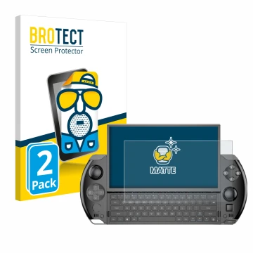 Front side of a product packaging with the brand logo BROTECT. Next to it is the device GPD Win 4 shown with the corresponding