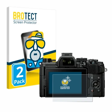 Front side of a product packaging with the brand logo BROTECT. Next to it is the device Olympus OM System OM-5 shown with the 