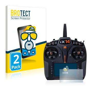 Front side of a product packaging with the brand logo BROTECT. Next to it is the device Spektrum iX14 shown with the correspon