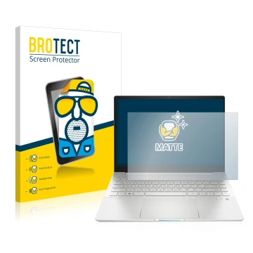 Front side of a product packaging with the brand logo BROTECT. Next to it is the device HP Pavilion Plus 14-eh shown with the 