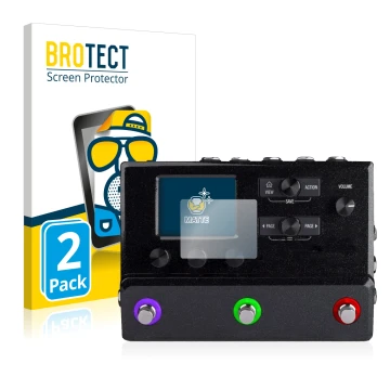 Front side of a product packaging with the brand logo BROTECT. Next to it is the device Line 6 hx stomp shown with the corresp