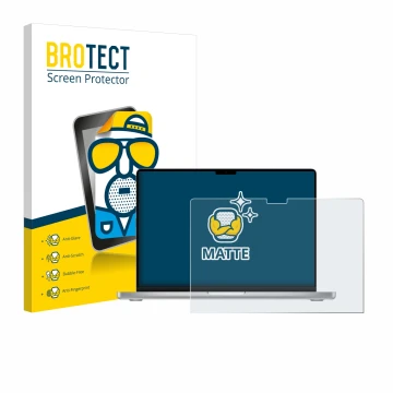 Front side of a product packaging with the brand logo BROTECT. Next to it is the device Apple MacBook Pro 14