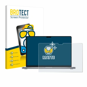 Front side of a product packaging with the brand logo BROTECT. Next to it is the device Apple MacBook Pro 16