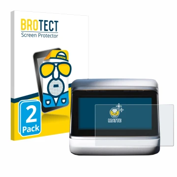 Front side of a product packaging with the brand logo BROTECT. Next to it is the device Tesla Model X Plaid 2023 (Back display