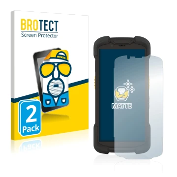 Front side of a product packaging with the brand logo BROTECT. Next to it is the device Zebra TC73 shown with the correspondin