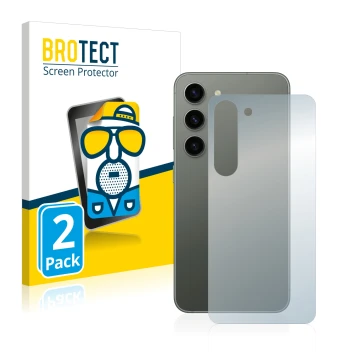Front side of a product packaging with the brand logo BROTECT. Next to it is the device Samsung Galaxy S23 (Back) shown with t