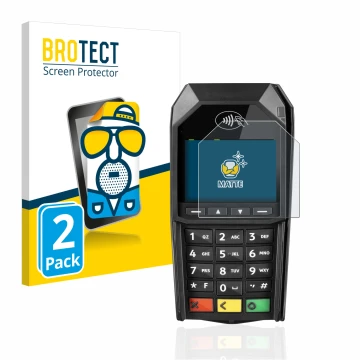 Front side of a product packaging with the brand logo BROTECT. Next to it is the device ingenico Desk/1600 shown with the corr