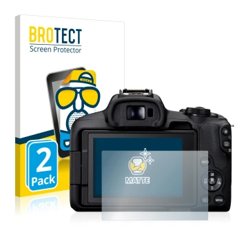 Front side of a product packaging with the brand logo BROTECT. Next to it is the device Canon EOS R50 shown with the correspon