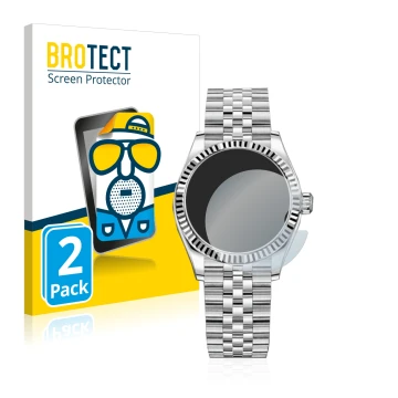 Front side of a product packaging with the brand logo BROTECT. Next to it is the device Rolex Datejust 31 shown with the corre