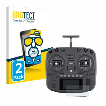 Front side of a product packaging with the brand logo BROTECT. Next to it is the device Radiomaster Boxer shown with the corre
