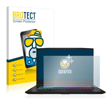 Front side of a product packaging with the brand logo BROTECT. Next to it is the device MSI Katana 17 B13V shown with the corr