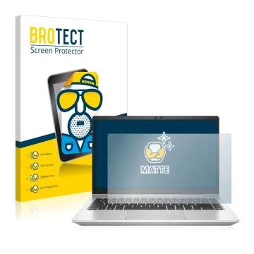 Front side of a product packaging with the brand logo BROTECT. Next to it is the device HP ProBook 445 G8 shown with the corre