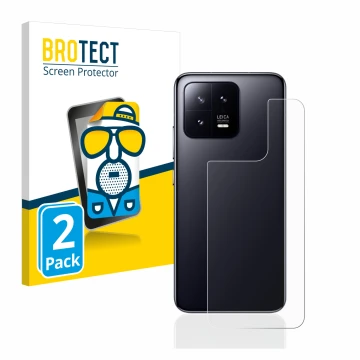 Front side of a product packaging with the brand logo BROTECT. Next to it is the device Xiaomi 13 (Back) shown with the corres