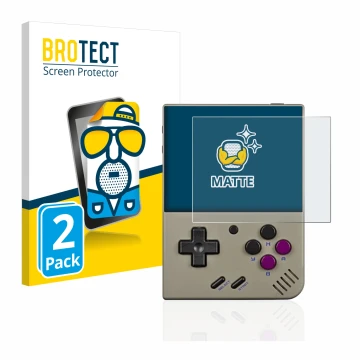 Front side of a product packaging with the brand logo BROTECT. Next to it is the device Miyoo Mini Plus shown with the corresp