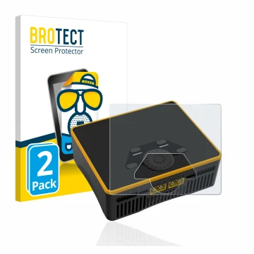 Front side of a product packaging with the brand logo BROTECT. Next to it is the device Junsi iCharger DX6 shown with the corr