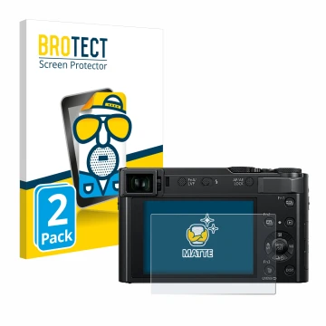 Front side of a product packaging with the brand logo BROTECT. Next to it is the device Panasonic Lumix DC-TZ202D shown with t