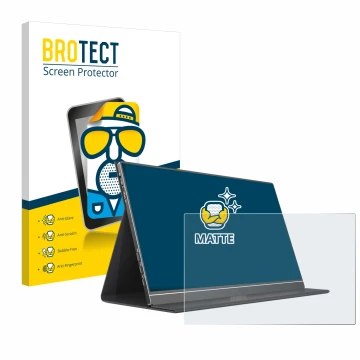 Front side of a product packaging with the brand logo BROTECT. Next to it is the device Arzopa ‎S1 Table 15.6
