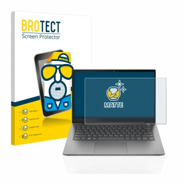 Front side of a product packaging with the brand logo BROTECT. Next to it is the device Lenovo ThinkBook 14 Gen 4 shown with t