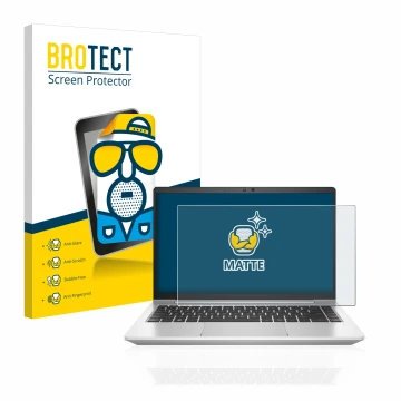 Front side of a product packaging with the brand logo BROTECT. Next to it is the device HP EliteBook 640 G9 shown with the cor
