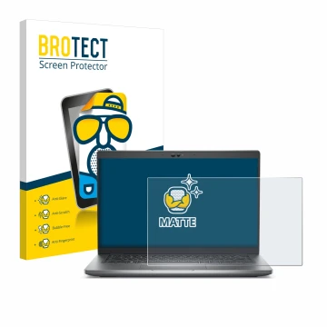 Front side of a product packaging with the brand logo BROTECT. Next to it is the device Dell Latitude 5430 Non-Touch shown wit