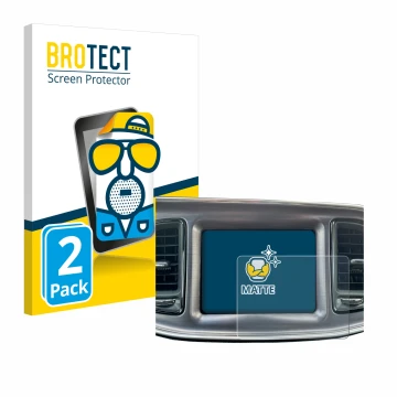 Front side of a product packaging with the brand logo BROTECT. Next to it is the device Dodge Challenger Uconnect 8.4