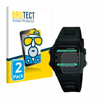Front side of a product packaging with the brand logo BROTECT. Next to it is the device Casio W-86-1VQES shown with the corres