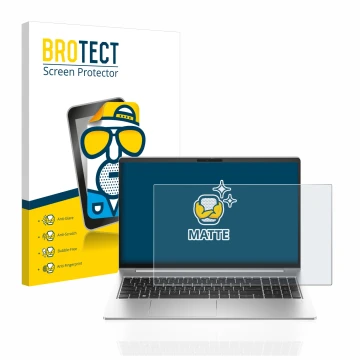 Front side of a product packaging with the brand logo BROTECT. Next to it is the device HP ProBook 450 G10 shown with the corr