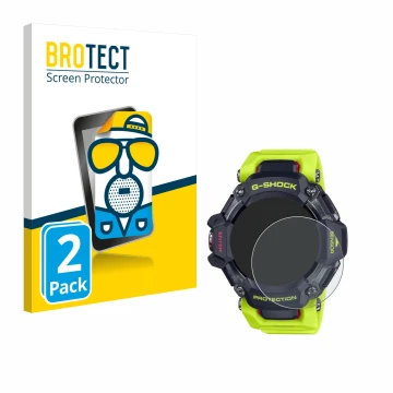 Front side of a product packaging with the brand logo BROTECT. Next to it is the device Casio G-Shock GBD-H2000 shown with the