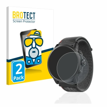 Front side of a product packaging with the brand logo BROTECT. Next to it is the device Coros Apex 2 shown with the correspond