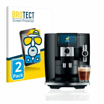 Front side of a product packaging with the brand logo BROTECT. Next to it is the device Jura J8 shown with the corresponding s