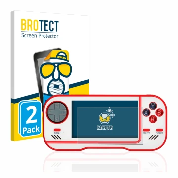 Front side of a product packaging with the brand logo BROTECT. Next to it is the device Blaze Evercade shown with the correspo