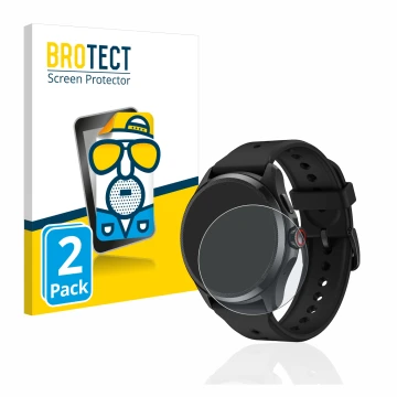 Front side of a product packaging with the brand logo BROTECT. Next to it is the device Mobvoi TicWatch Pro 5 shown with the c