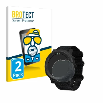 Front side of a product packaging with the brand logo BROTECT. Next to it is the device Suunto Core Alpha shown with the corre