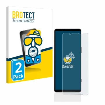 Front side of a product packaging with the brand logo BROTECT. Next to it is the device Sony Xperia 1 V shown with the corresp