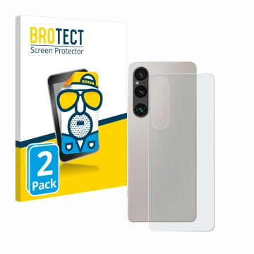 Front side of a product packaging with the brand logo BROTECT. Next to it is the device Sony Xperia 1 V (Back) shown with the 