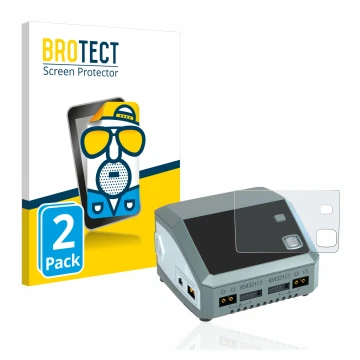 Front side of a product packaging with the brand logo BROTECT. Next to it is the device SkyRc D200 neo shown with the correspo