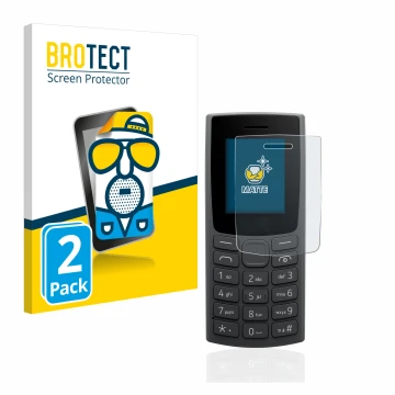 Front side of a product packaging with the brand logo BROTECT. Next to it is the device Nokia 110 (2023) shown with the corres