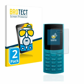 Front side of a product packaging with the brand logo BROTECT. Next to it is the device Nokia 105 4G (2023) shown with the cor