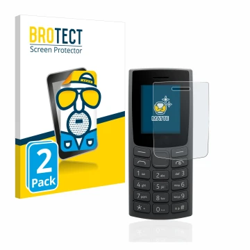 Front side of a product packaging with the brand logo BROTECT. Next to it is the device Nokia 105 (2023) shown with the corres