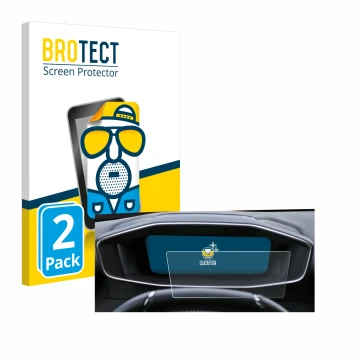 Front side of a product packaging with the brand logo BROTECT. Next to it is the device Peugeot 2008 2022 Cockpit shown with t