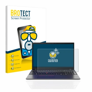 Front side of a product packaging with the brand logo BROTECT. Next to it is the device Lenovo ThinkPad L15 Gen 4 shown with t