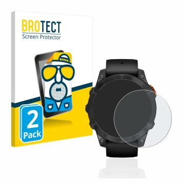 Front side of a product packaging with the brand logo BROTECT. Next to it is the device Garmin Fenix 7 Pro Solar (47 mm) shown