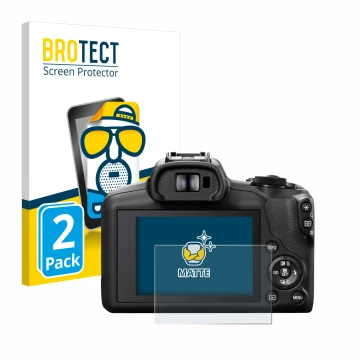 Front side of a product packaging with the brand logo BROTECT. Next to it is the device Canon EOS R100 shown with the correspo