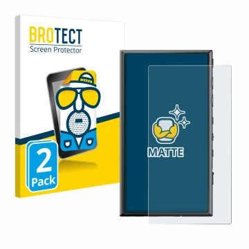 Front side of a product packaging with the brand logo BROTECT. Next to it is the device Sony Walkman NW-A306 shown with the co
