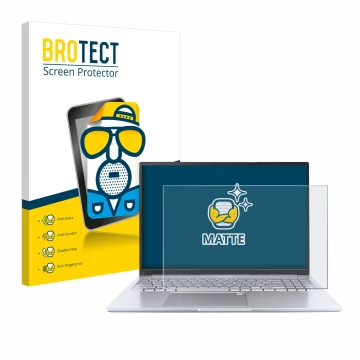 Front side of a product packaging with the brand logo BROTECT. Next to it is the device ASUS Vivobook 16 M1605 shown with the 